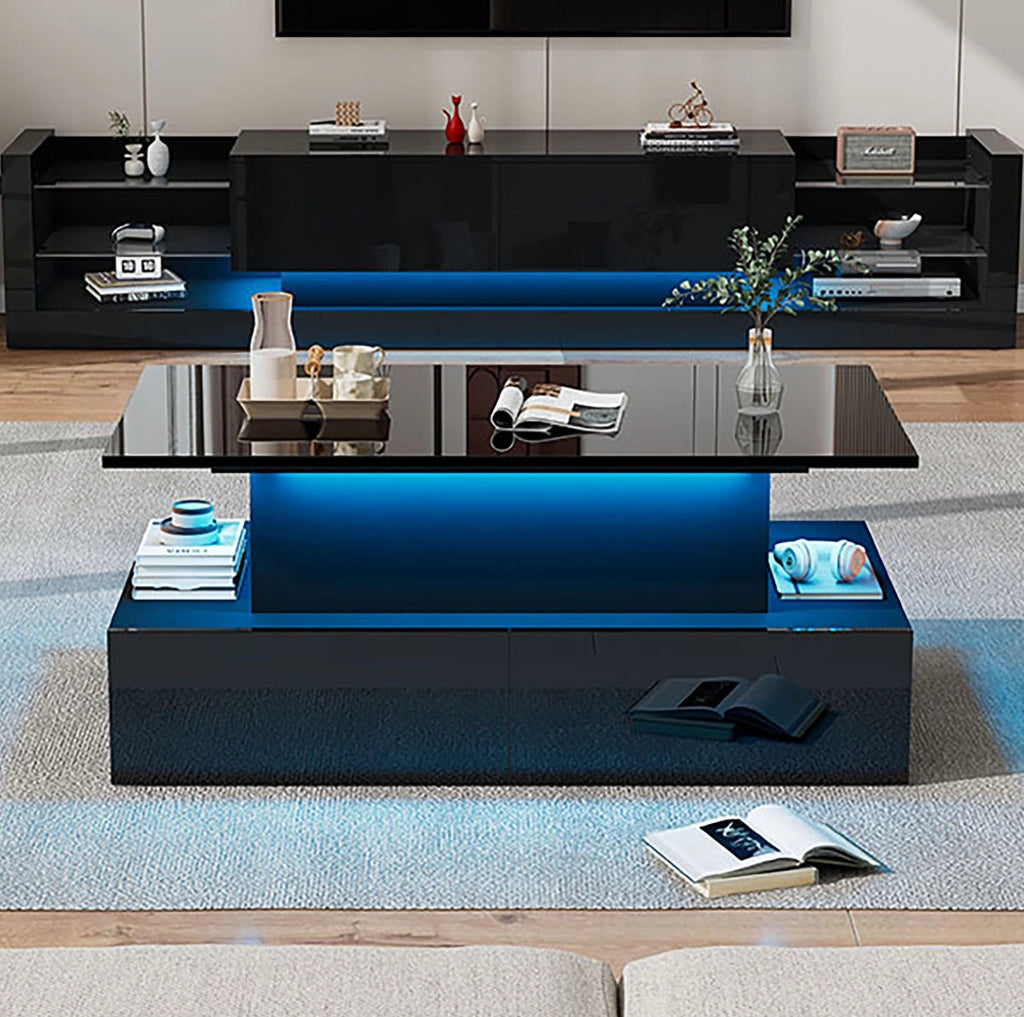 Tavolino da caff猫 90x55x41 cm; con LED e piano estraibile; truciolato; nero lucido