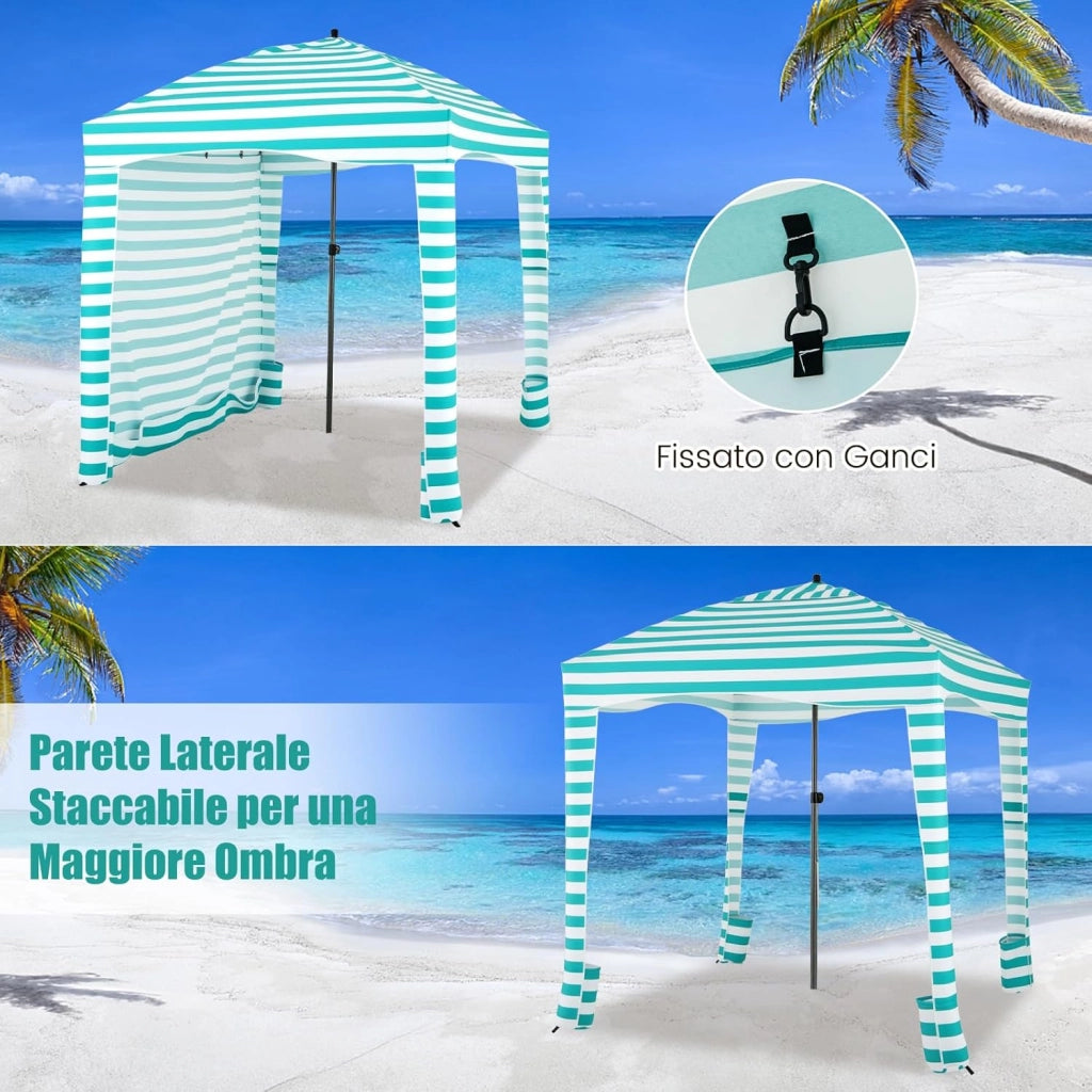 Tenda da Spiaggia Pieghevole 183 x 183 cm, Tenda da Mare con Borsa di Trasporto, Parete Removibile e 8 Tasche per Sabbia, per Spiaggia, Campeggio e Picnic (Verde e Bianco, 183 x 183 cm)