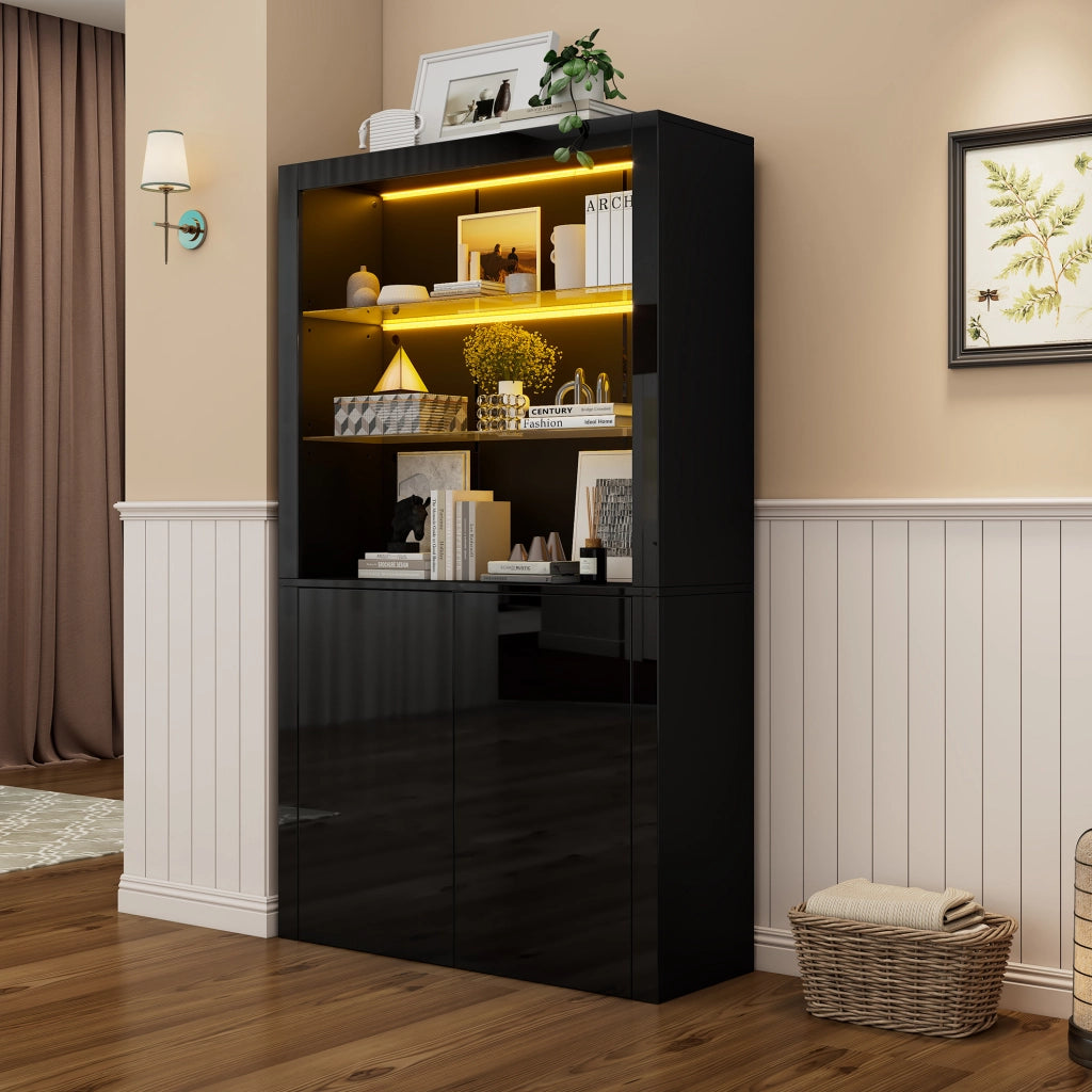 Vetrina 100x35x170 cm nera in MDF e vetro con LED， 2 ante