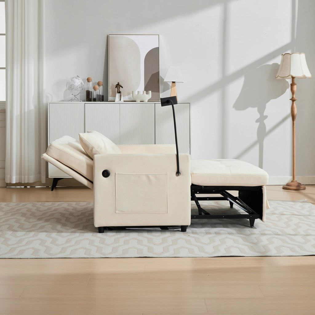 Divano letto multifunzione con porta USB e supporto tablet in tessuto lino spazzolato beige 109 × 72 × 83,5 cm