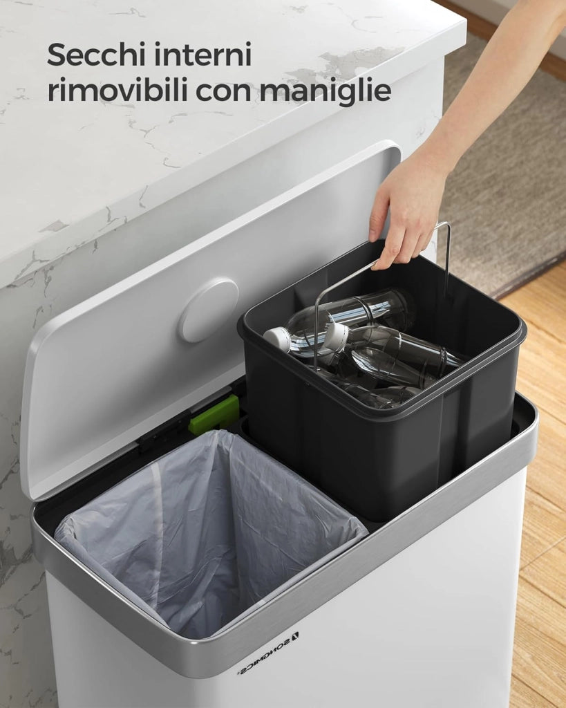 Cestino da cucina, 2 cestini a pedale da 30L in acciaio inox con 15 sacchetti LTB202W01