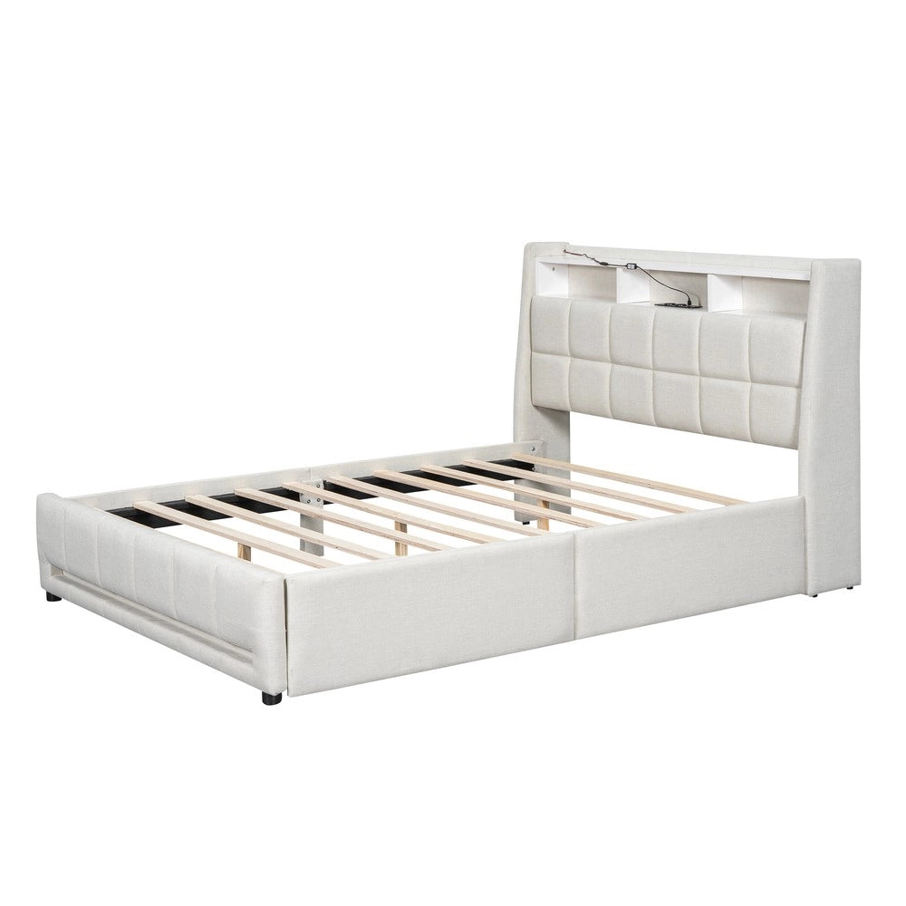 Letto Imbottito con Cassetti e LED ¨C MINIMAL ¨C Lino Beige 140x200