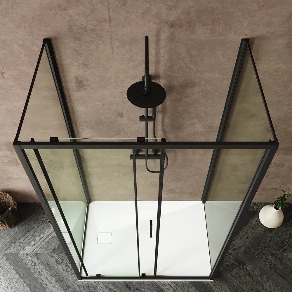 Box doccia tre lati 80x160x80cm con porta scorrevole profili nero opaco e vetro 6mm trasparente h190 | Portofino