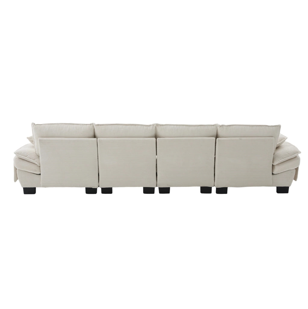 Divano modulare 4 posti in velluto a coste beige con 2 pouf