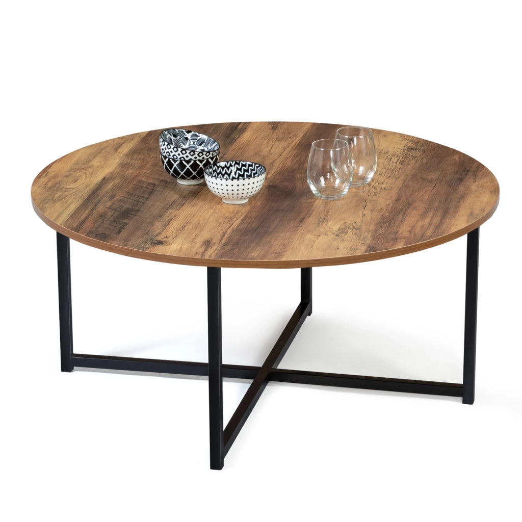 IDMarket - Tavolino rotondo 80 cm effetto invecchiato con design industriale HAWKINS