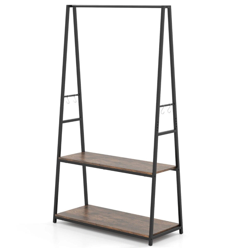 Appendiabiti autoportante con struttura in metallo resistente da letto, Appendiabiti autoportante con 2 ripiani Nero + Marrone-Appendiabiti