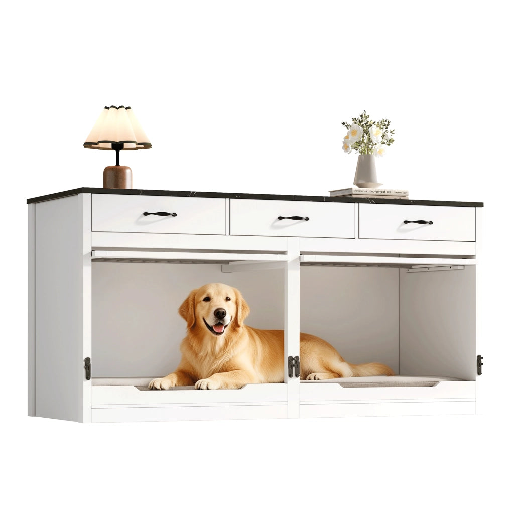 Gabbia per cani con 3 cassetti e divisorio rimovibile per interno; MDF e metallo; bianco e nero 164×60×81 cm