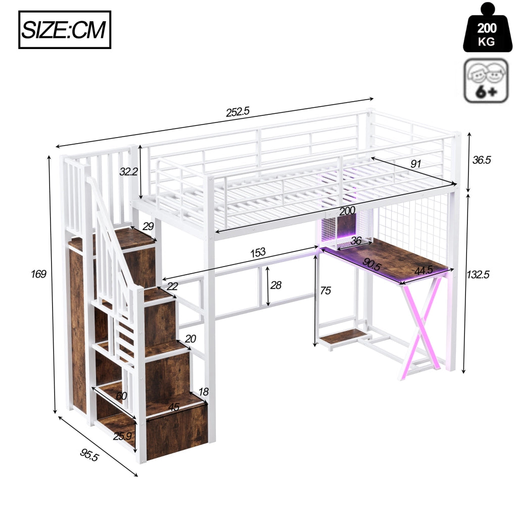 Letto a soppalco 252.5x95.5x169 cm con luce ambientale; scrivania; armadio; ripiani in metallo e MDF bianco