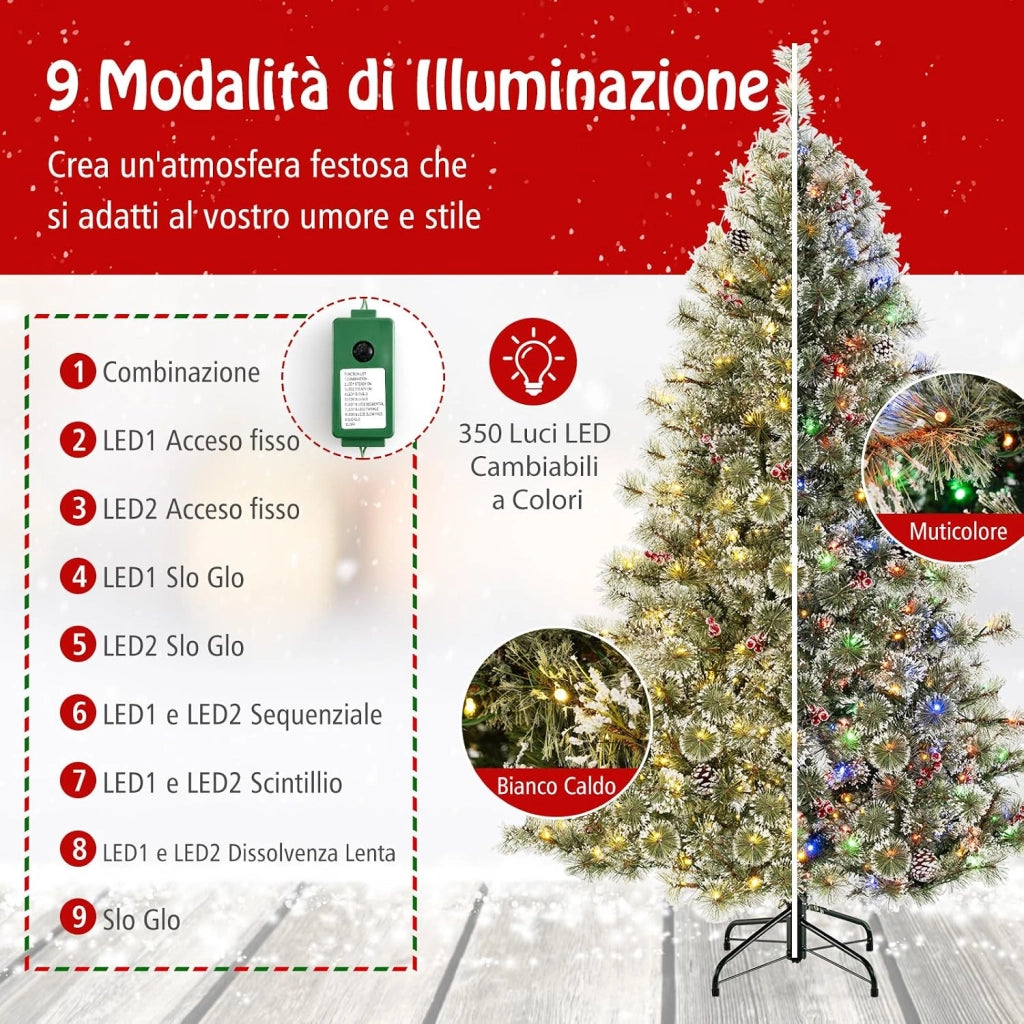 Albero di Natale Artificiale 180 CM, Albero di Natale Pre-Illuminato con 350 Luci LED Multicolore e Calde, 9 Modalità, 598 Punte di Pino, 42 Pigne e 42 Bacche Rosse