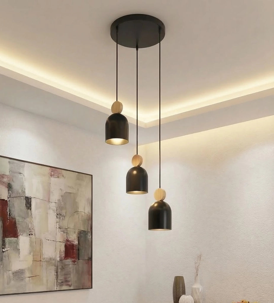 Lampada sospesa japandi MESI nera 3xGU10 legno Emibig
