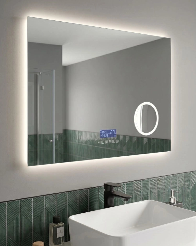 Specchio da bagno illuminato a LED rettangolare 60 x 80 cm Glamour con altoparlante Bluetooth Lente di ingrandimento