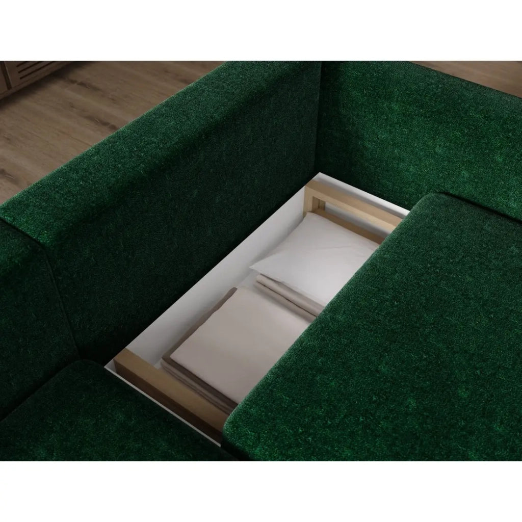 Divano ad angolo convertibile ARVESSA verde smeraldo bouclé – Angolo sinistro con contenitore
