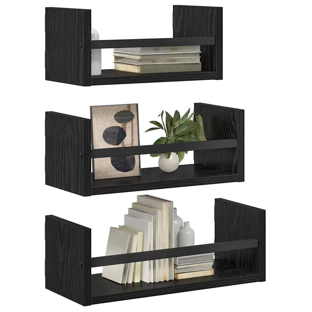 Set mensole da parete 3 pz Rovere Nero 40x16x14cm 882789