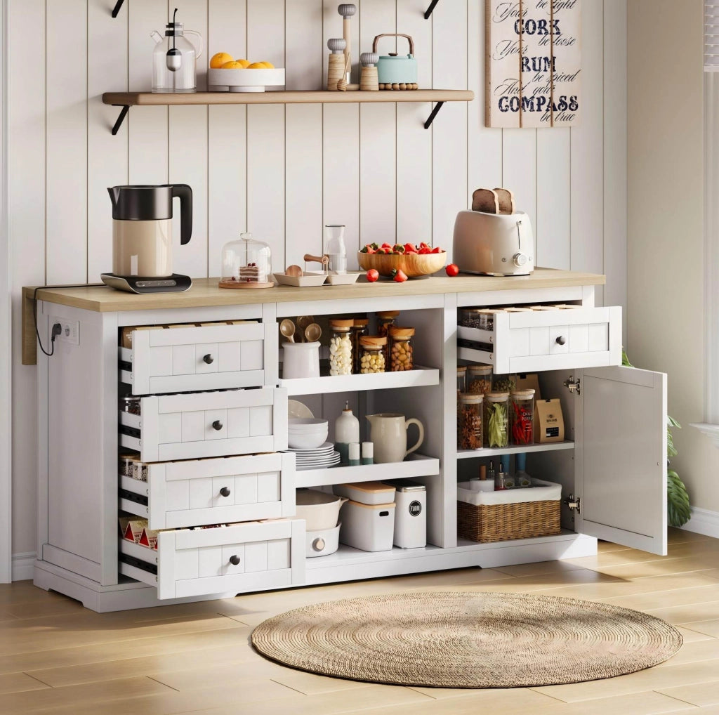 Isola cucina 150x65x75;5 cm in MDF bianco naturale con 5 cassetti e prese USB
