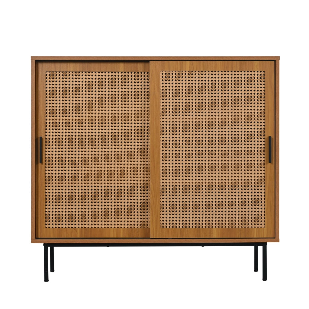 Credenza 100x37x90 cm con 2 ante scorrevoli in rattan; pannello truciolare noce