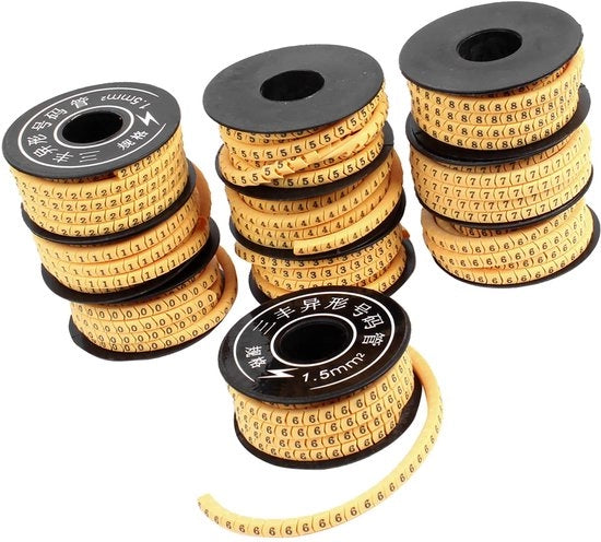 Etichette per cavi 10 rotoli - Marche cavi 0-9 - Materiale PVC morbido - Forma concava - Elastico - Stampanti numeri arabi