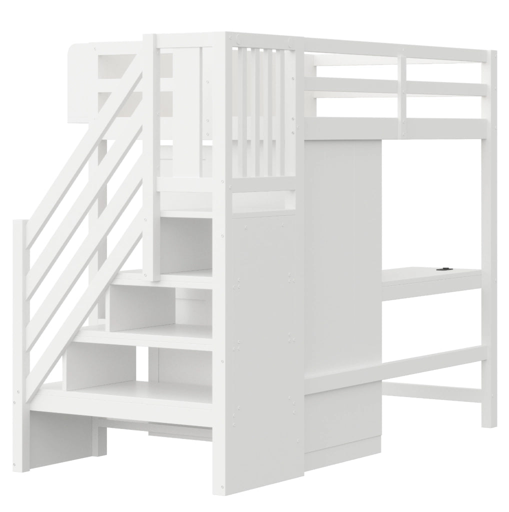 Letto a soppalco 90x200 cm con scrivania; armadio; scala contenitore; LED e prese; bianco