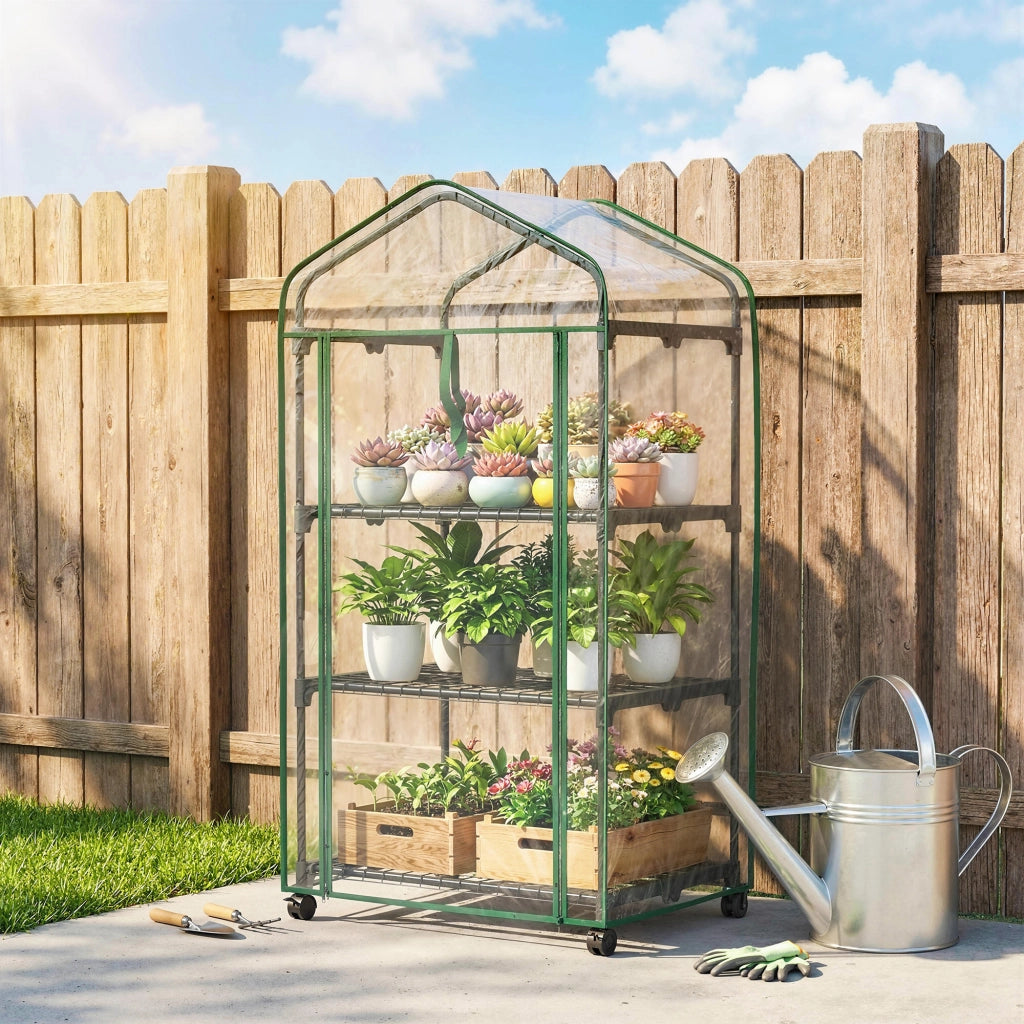 Serra da giardino con 3 ripiani, copertura in PVC, porta a rullo ¨C zephmum ¨C trasparente 69x49x130 cm