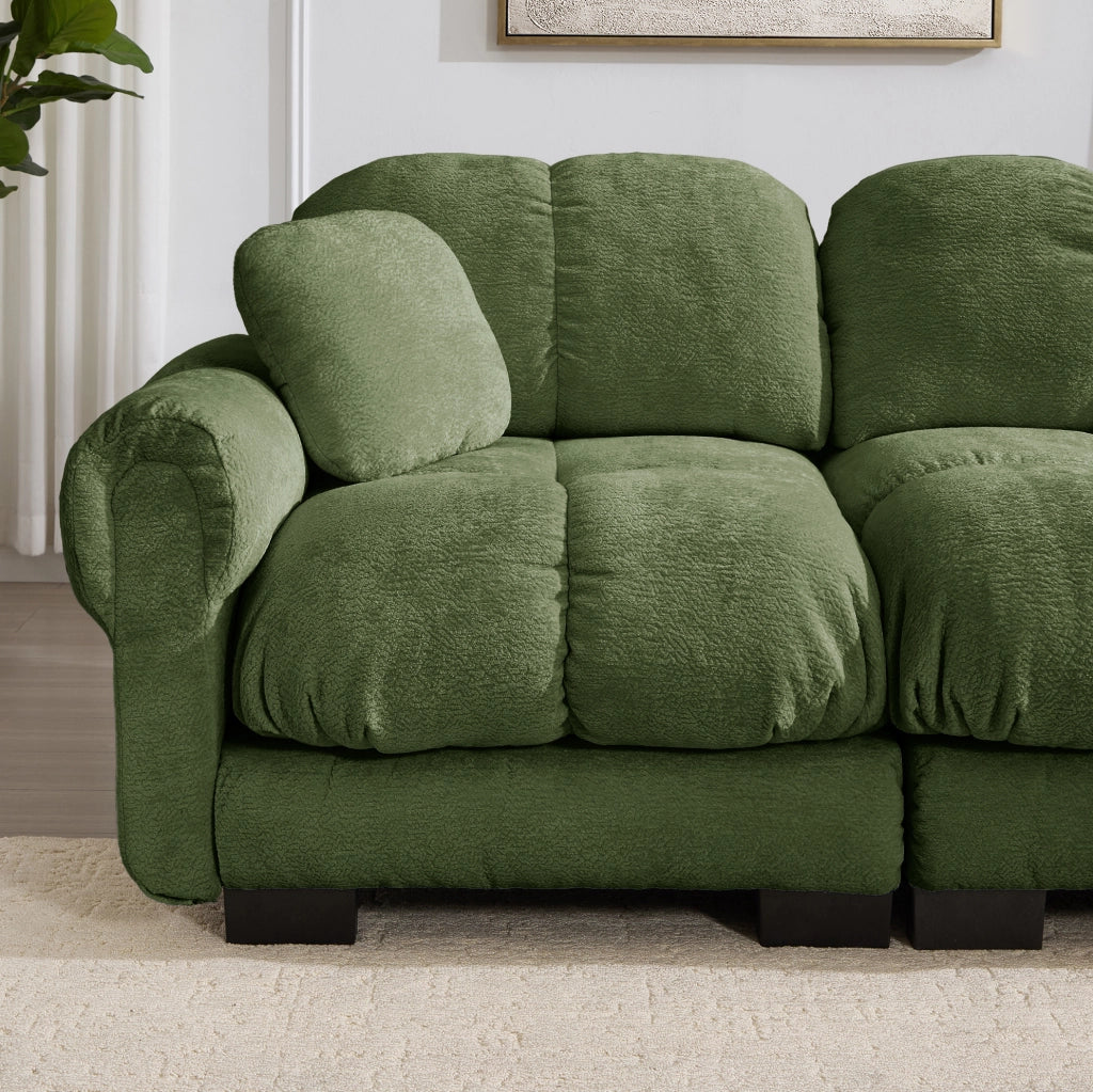Divano angolare modulare a L in chenille verde con pouf mobile; 330x149x90 cm