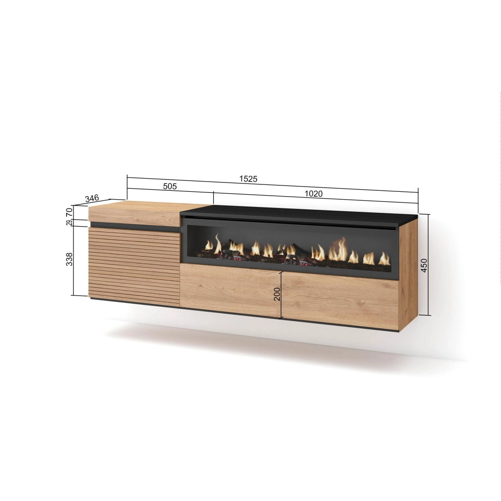 Mobile TV Soggiorno, 150x35x45cm, Per TV fino a 65", Camino elettrico, da appendere, colore Rovere RF3305