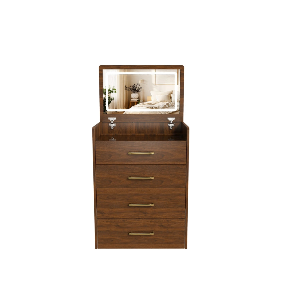 Tavolo da trucco 3 in 1 con specchio apribile; piano in vetro; 60x40x118 cm; colore noce