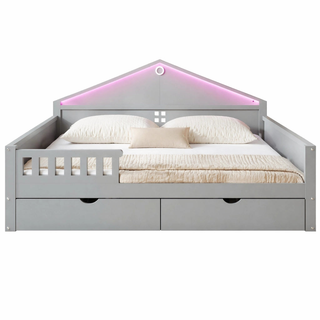 Letto multifunzione 140x200 cm con LED e 2 cassetti; in legno massello e MDF; grigio