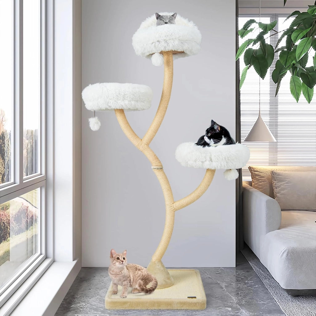 Albero per Gatti Alto 178 cm, Albero Tiragraffi per Gatti con Telaio di Supporto Curvo in Metallo, 3 Cucce Calde e Palline, Pali e Tavoletta Tiragraffi in Sisal, 59 x 59 x 178 cm (Beige)