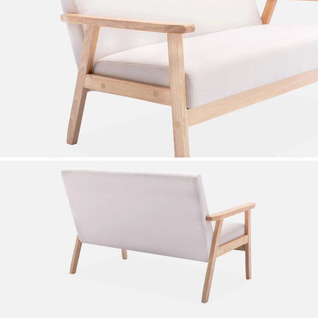 Divano stile scandinavo in legno e tessuto, 2 posti, beige