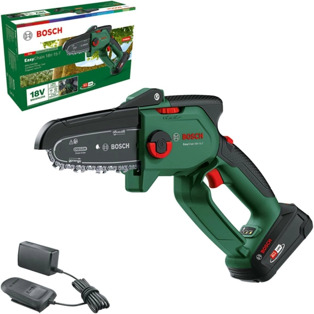 Bosch 06008B8900 EasyChain Motosega a Batteria 18V 2,5Ah Lunghezza Barra 15 cm Velocita' Catena 7 m-s colore Nero Verde