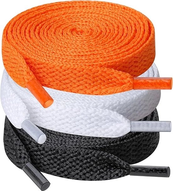 3 paia di cavi lisci, 120 cm lunghi e circa 9 mm di larghezza, adatti per scarpe da sport e da corsa, misura per adulti, Nero+bianco+arancione