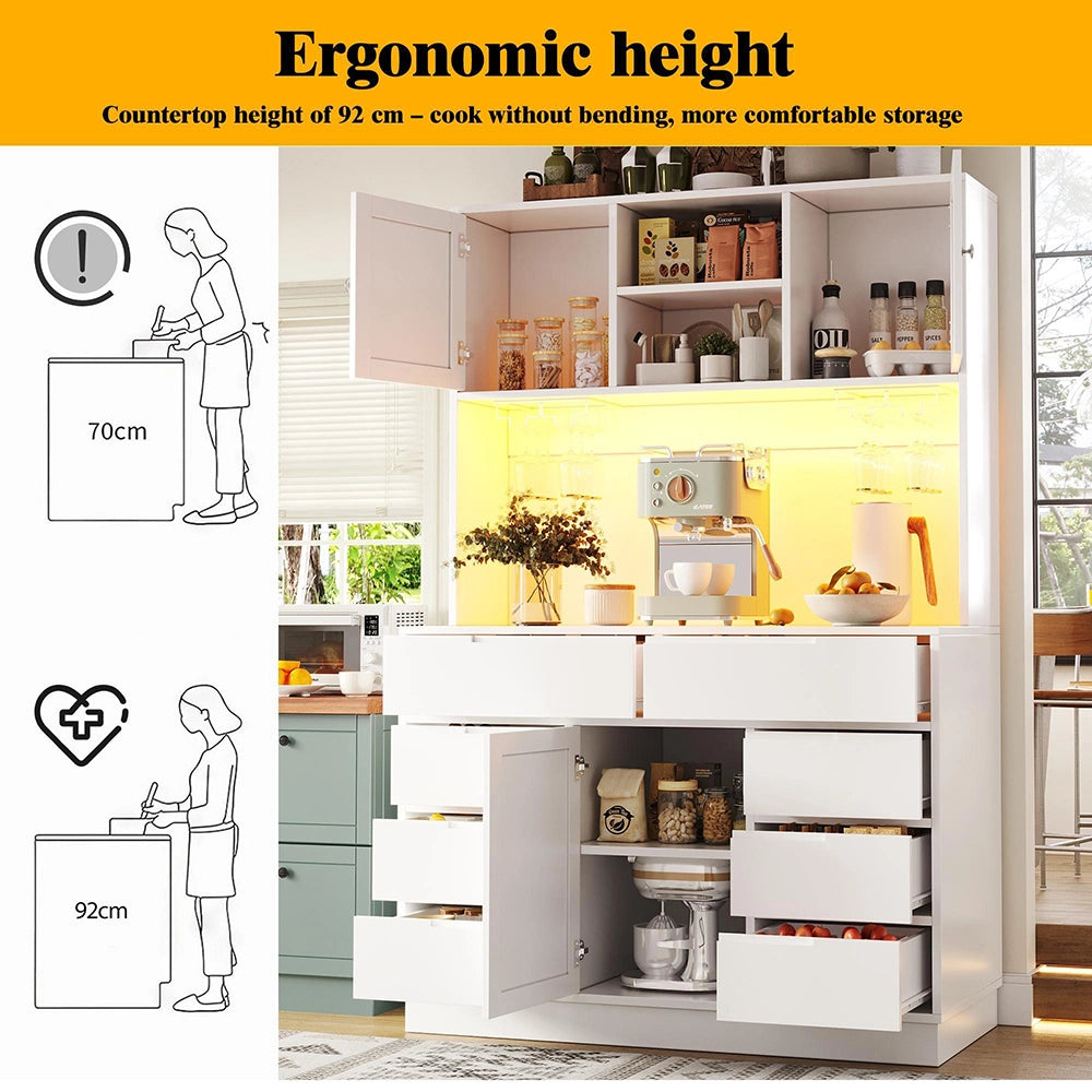 Armadio da cucina moderno con illuminazione LED intelligente - Xylo - 120x40x183,5 cm, bianco, 8 cassetti, chiusura magnetica, ripiani regolabili
