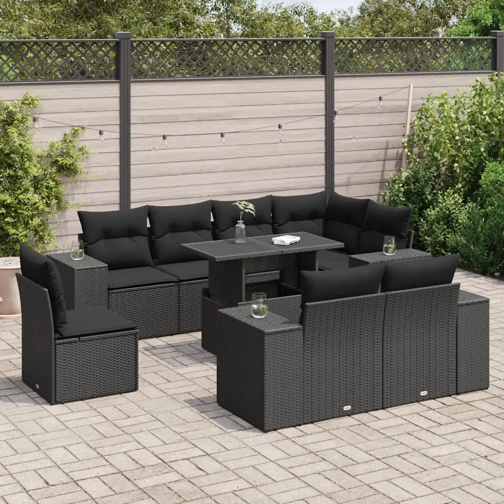 Set Divani da Giardino 9 pz con Cuscini Nero in Polyrattan 3326816