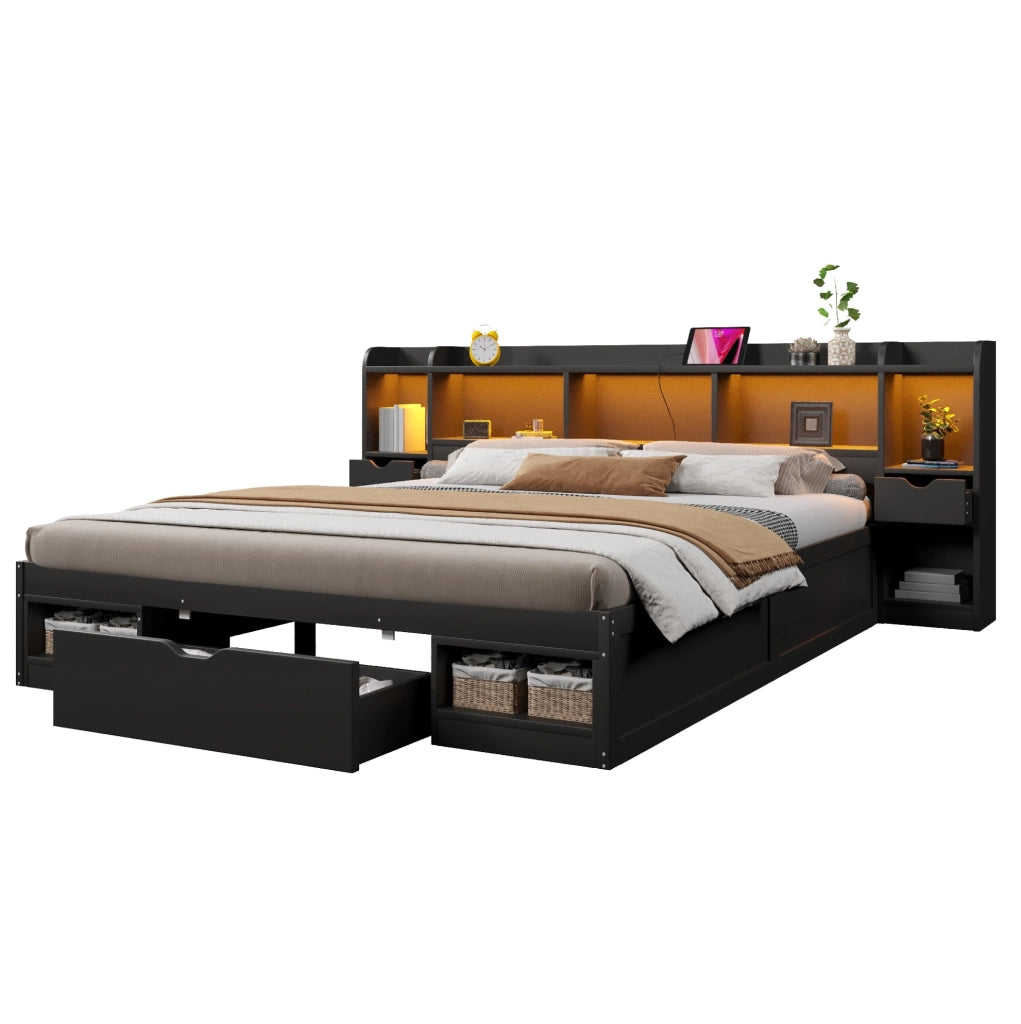 Letto contenitore 180x200 cm con LED, USB e 3 cassetti nero