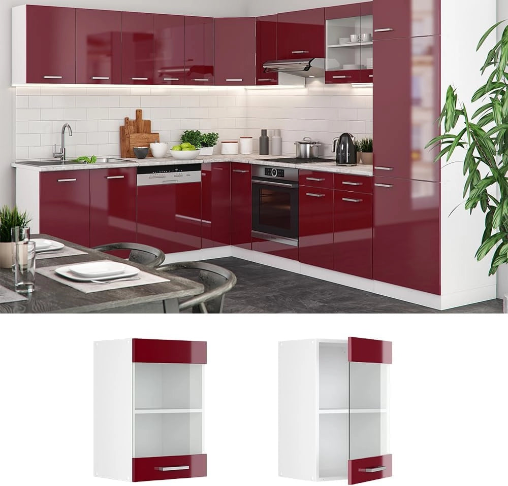 Mobile da cucina in vetro R-Line, Rosso lucido, 40 cm, per la libera combinazione all'interno di sistemi cucina modulari