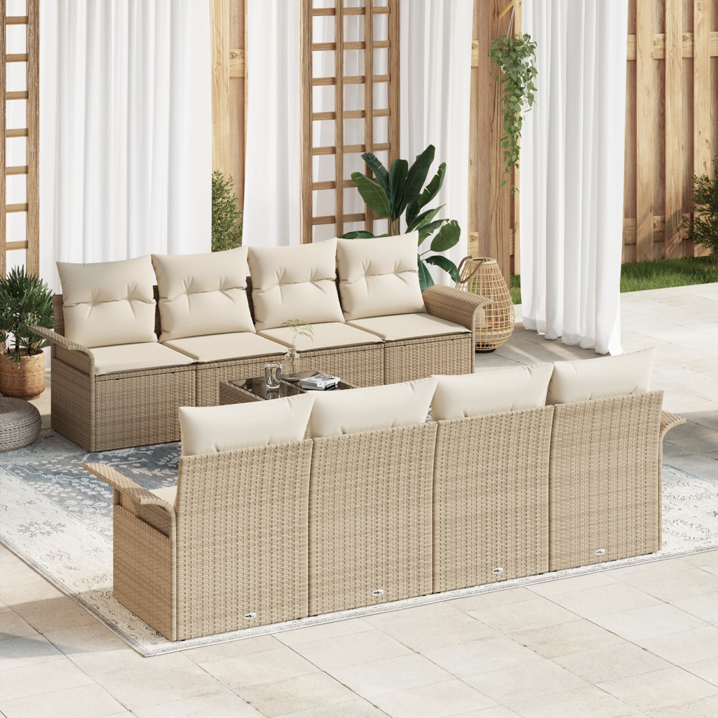 Set di Divani da Giardino 9 Pezzi con Cuscini Beige in Rattan Sintetico