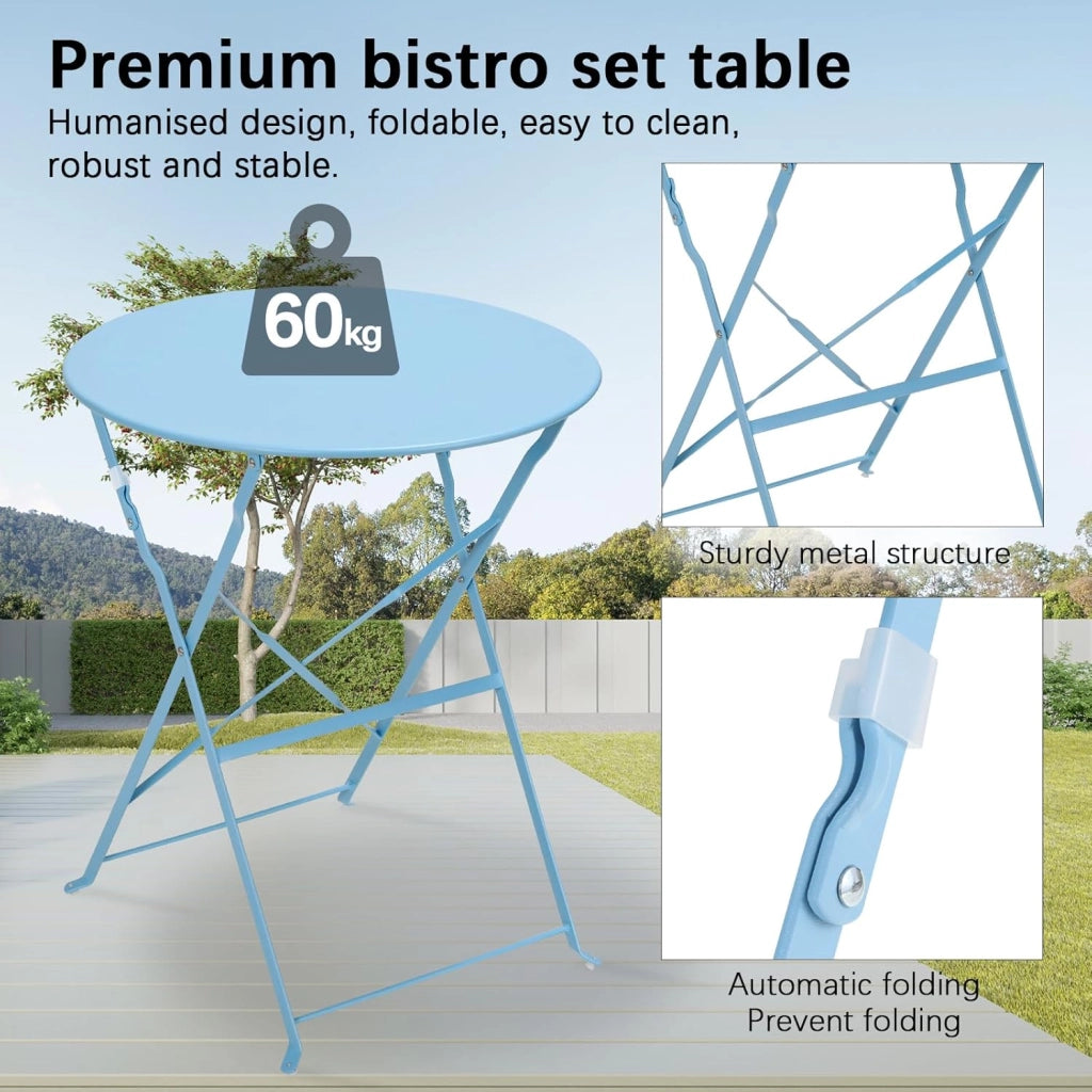Set da Bistrò 3 Pezzi, Tavolo da Giardino Pieghevole Metallo, Set da Balcone con 2 Sedie, Mobili da Giardino, Pieghevole, Tavolo con Sedie per Balcone e Terrazzo, Blu