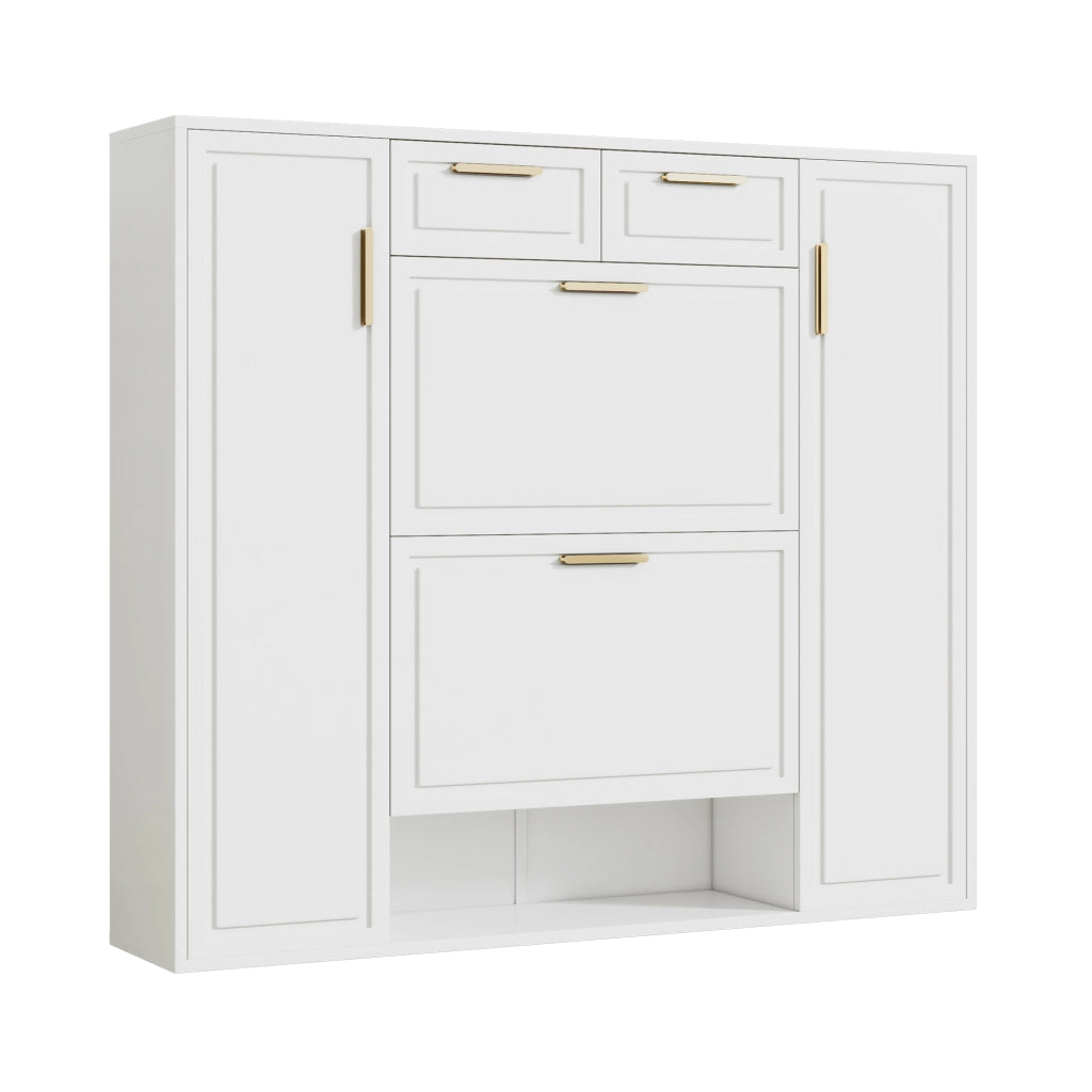 Scarpiera con 2 cassetti, ripiani regolabili e vani aperti, in MDF e truciolare, per ingresso, bianco, 120 × 24 × 107 cm