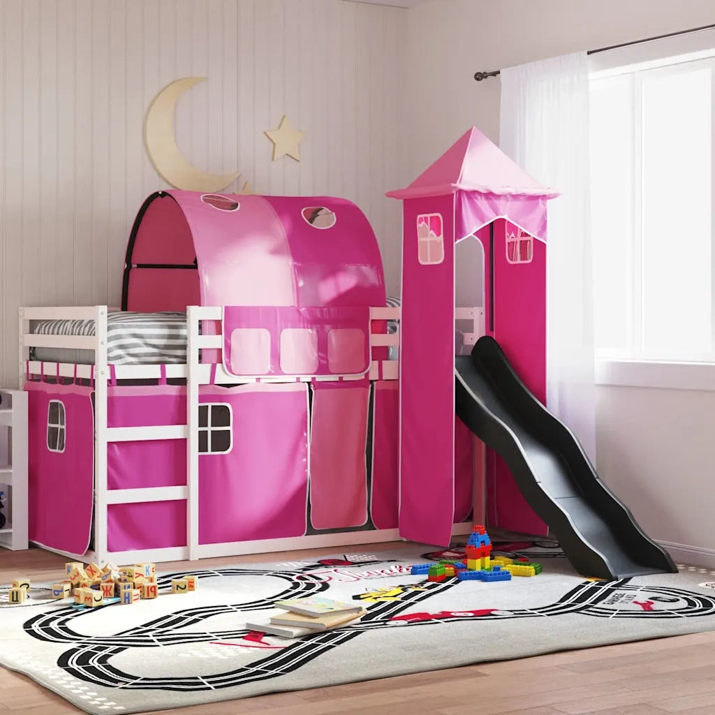 Letto a Castello con Scivolo e Tende Rosa 90x200 cm 3284166