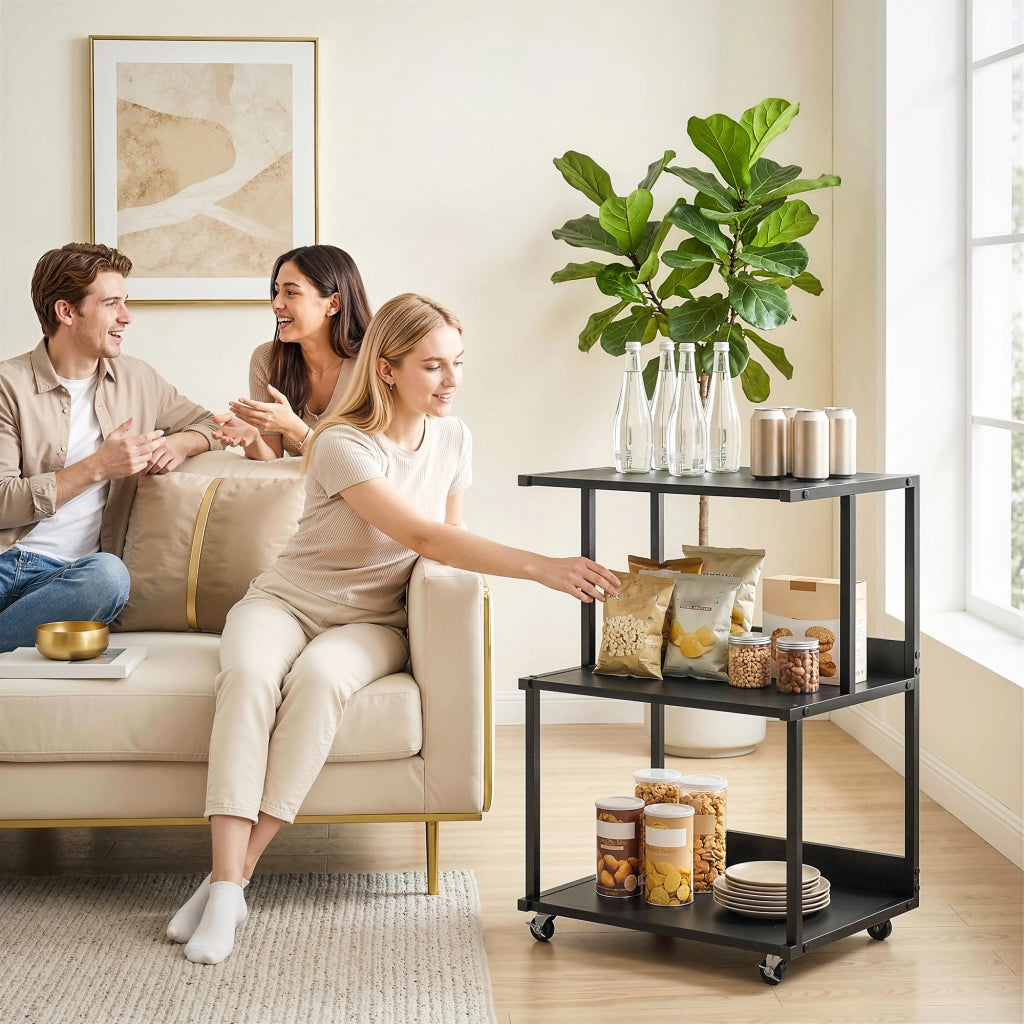 Mobile Supporto Stampante 3 livelli 50x40x75 cm con Ruote e Ripiani in Metallo Nero