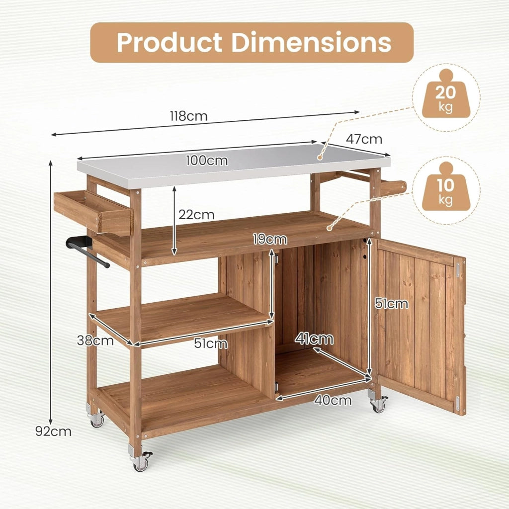 Carrello da giardino in legno esterno con piano di lavoro in acciaio inox, 3 ripiani, armadietto, 4 ruote universali, 118 x 47 x 92 cm, carico 50 kg