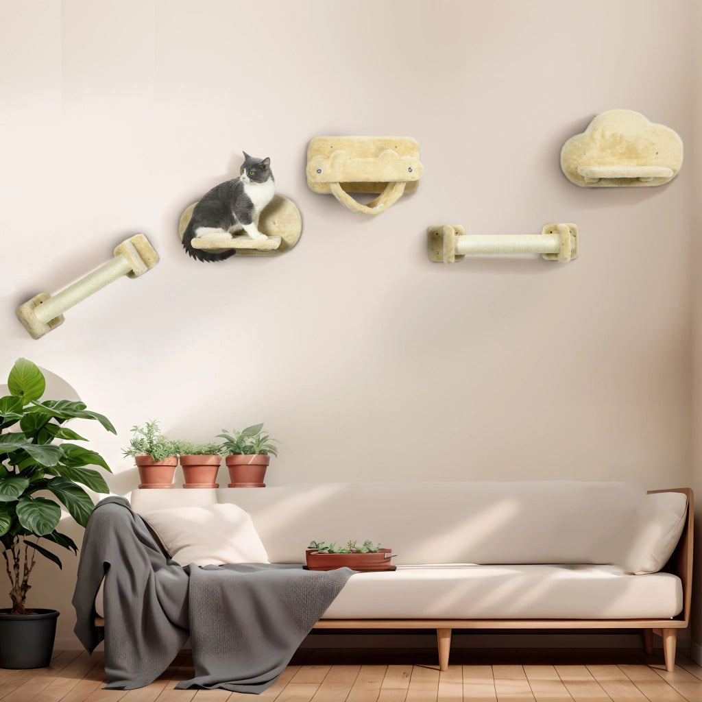 Tiragraffi per Gatti con 2 Alberi e 2 Piattaforme ¨C Zephmum ¨C 5 Pezzi in Tessuto Beige