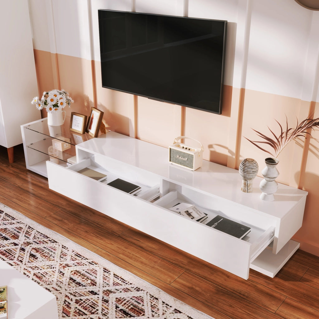 Mobile TV con 2 Cassetti; 2 Ripiani in Vetro e LED Regolabile; Bianco Lucido; 170??36??38 cm; in Truciolare