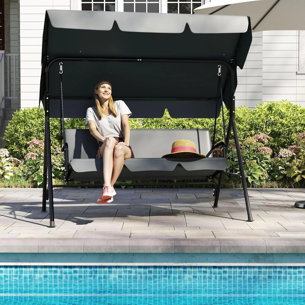 Dondolo da giardino a 3 posti, con rivestimento regolabile sul tetto, panca a dondolo da giardino, altalena sospesa, portata fino a 200 kg, 193 x 110 x 152 cm, antracite