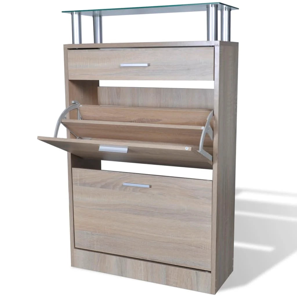 Scarpiera con cassetto e piano in vetro in legno marrone 02_0043417