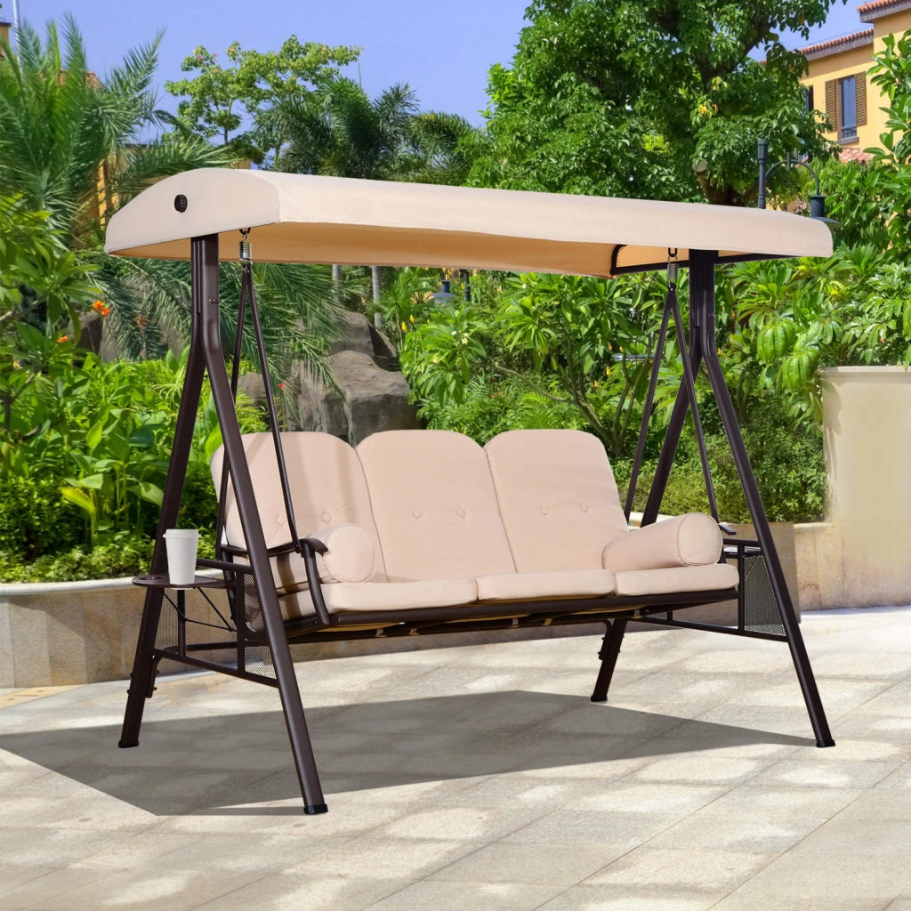 Dondolo 3 Posti con Tetto Regolabile, Portabicchieri e Cuscini, in Metallo e Poliestere, 208x121x172 cm, Beige