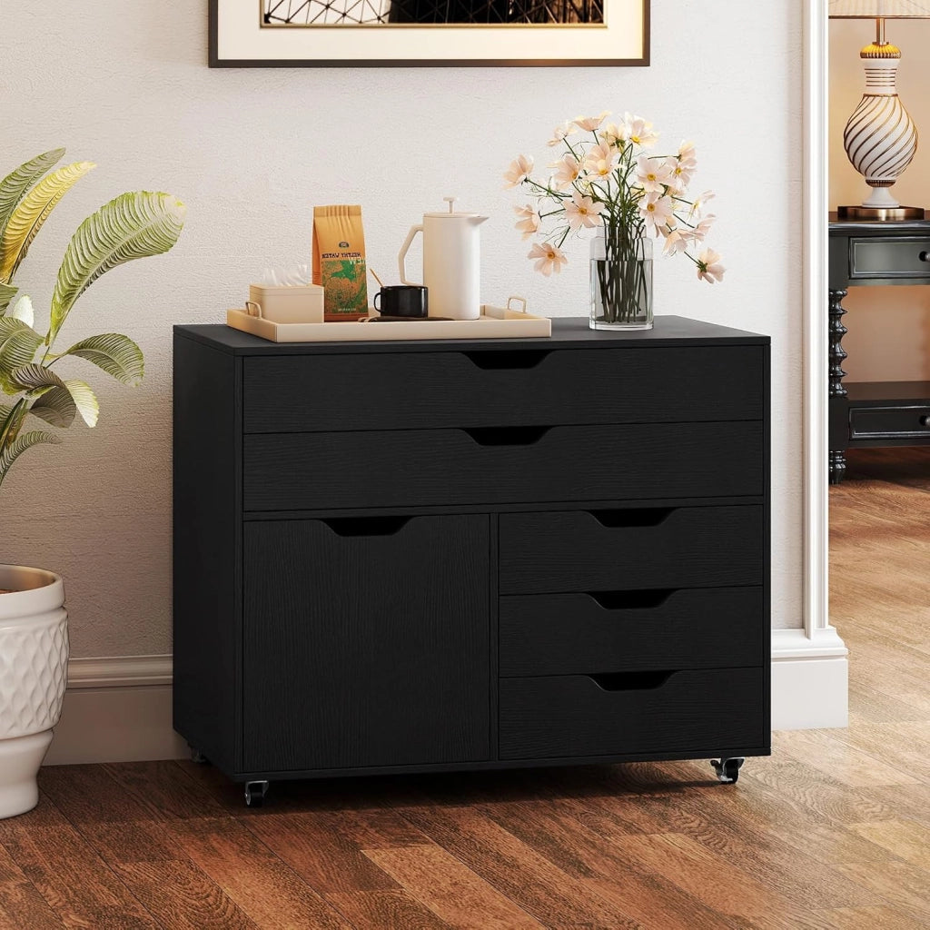Cassettiera con 5 cassetti e 1 armadietto, armadietto mobile a 5 ruote, cassetto sotto scrivania, 77,5 x 40 x 64 cm (nero)