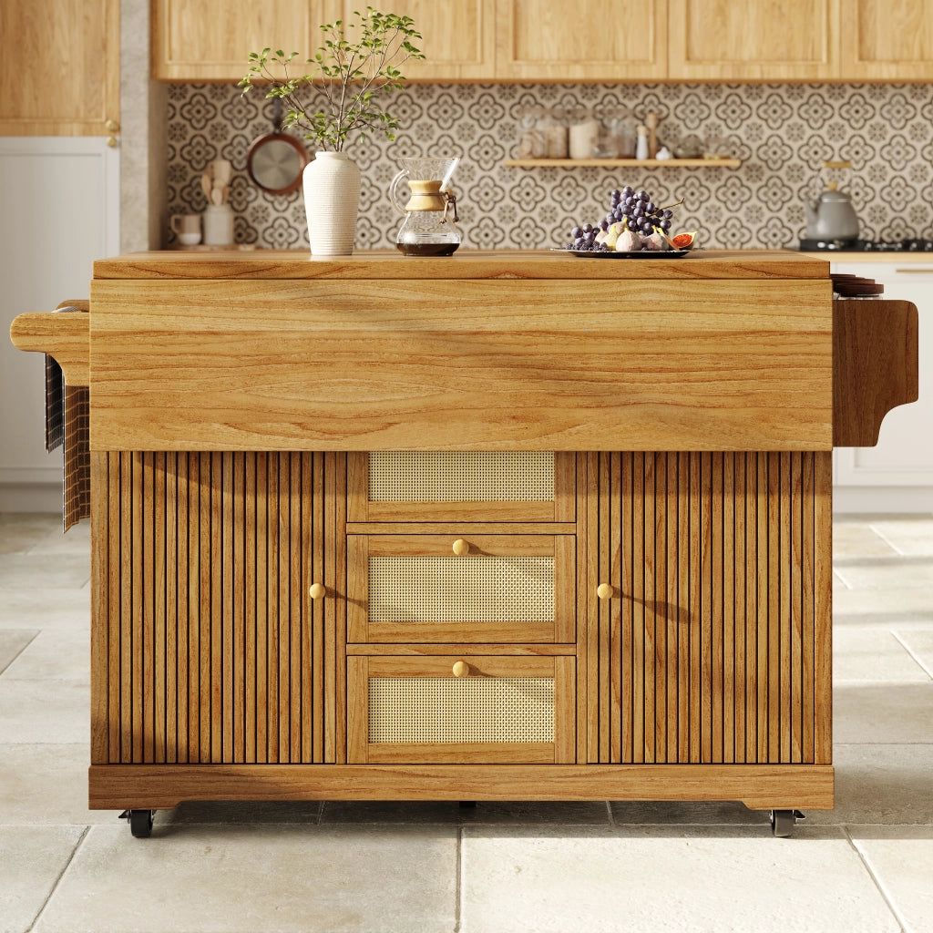 Carrello da cucina con 2 prolunghe ribaltabili; vani nascosti; cassetti in rattan PE; per cucina e balcone; 142.5 × 80 × 95 cm