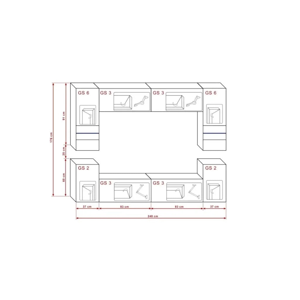 Set di mobili da soggiorno bianchi, sospesi, collezione CEPTO XXVII. 240cm, 8 pezzi, con LED, modulari.