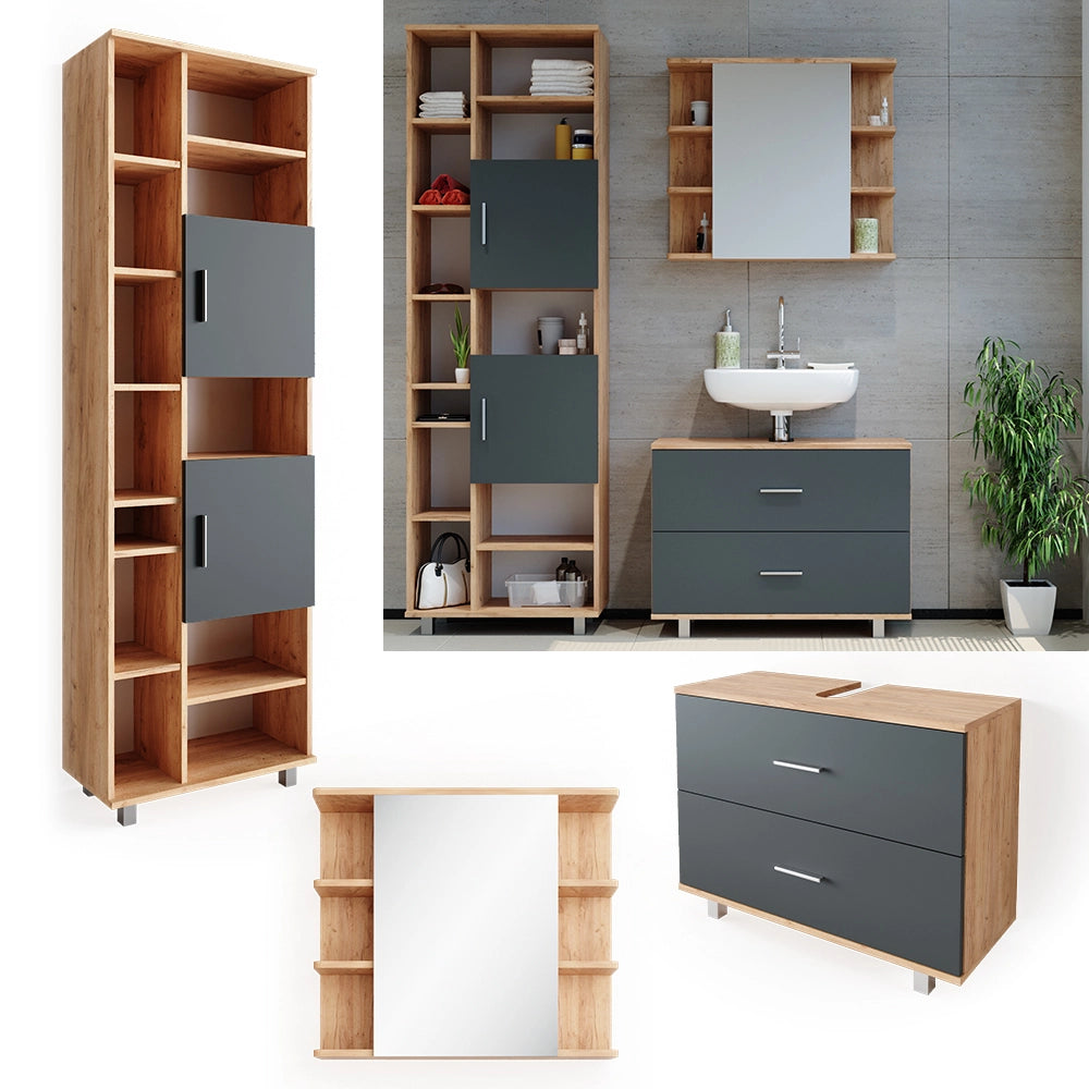 Vicco Set mobili bagno Antracite/quercia dorata 3 parti, con colonna