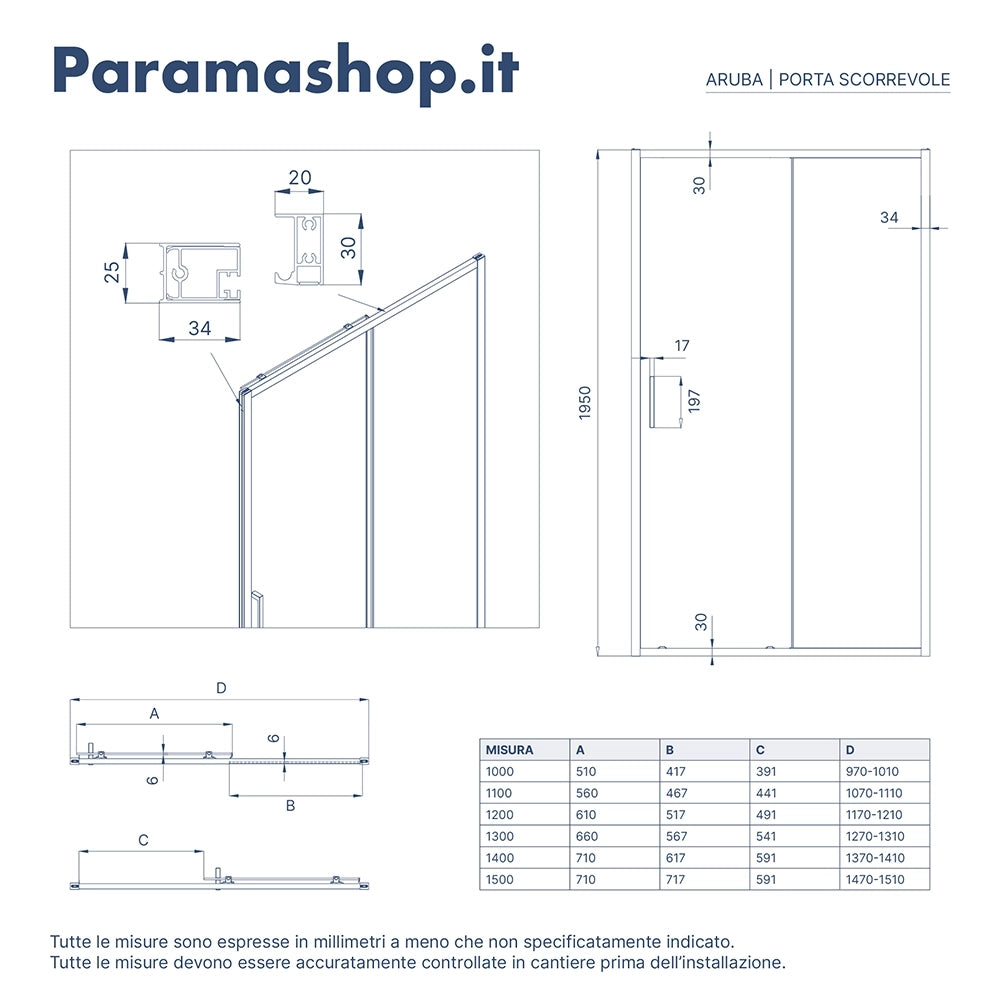 Porta doccia 150cm apertura scorrevole vetro 6mm opaco  | Aruba